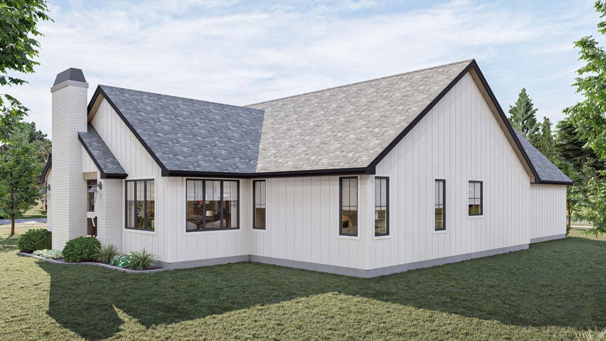 Modern Farmhouse house plan exterior with vertical siding, gabled roofline, prominent brick chimney, and large windows.