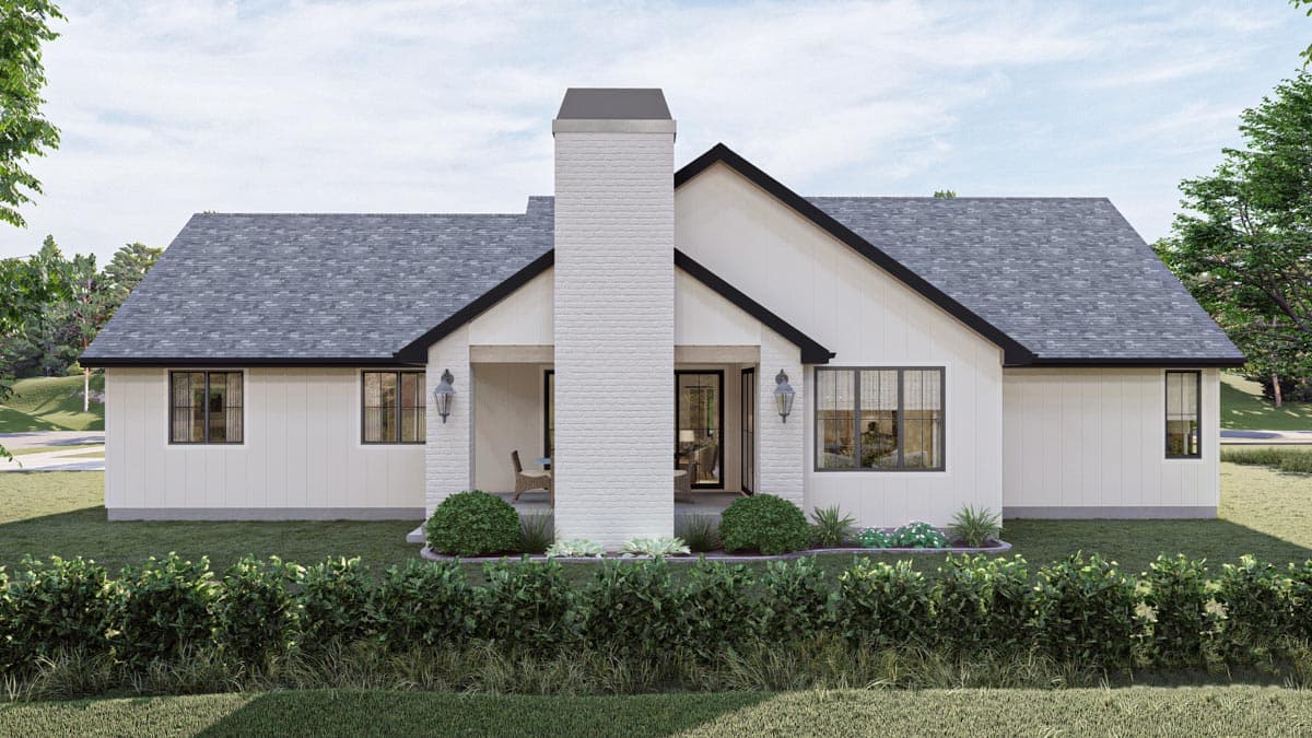 Modern Farmhouse house plan exterior: one story, white board-and-batten siding, prominent brick chimney, gabled roof.