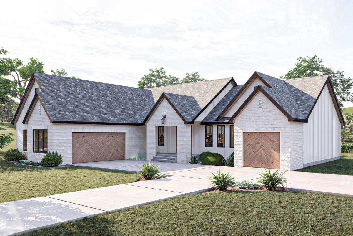 House plan exterior: Modern Farmhouse style, one story, white brick, gable rooflines, two garage doors with wood paneling.