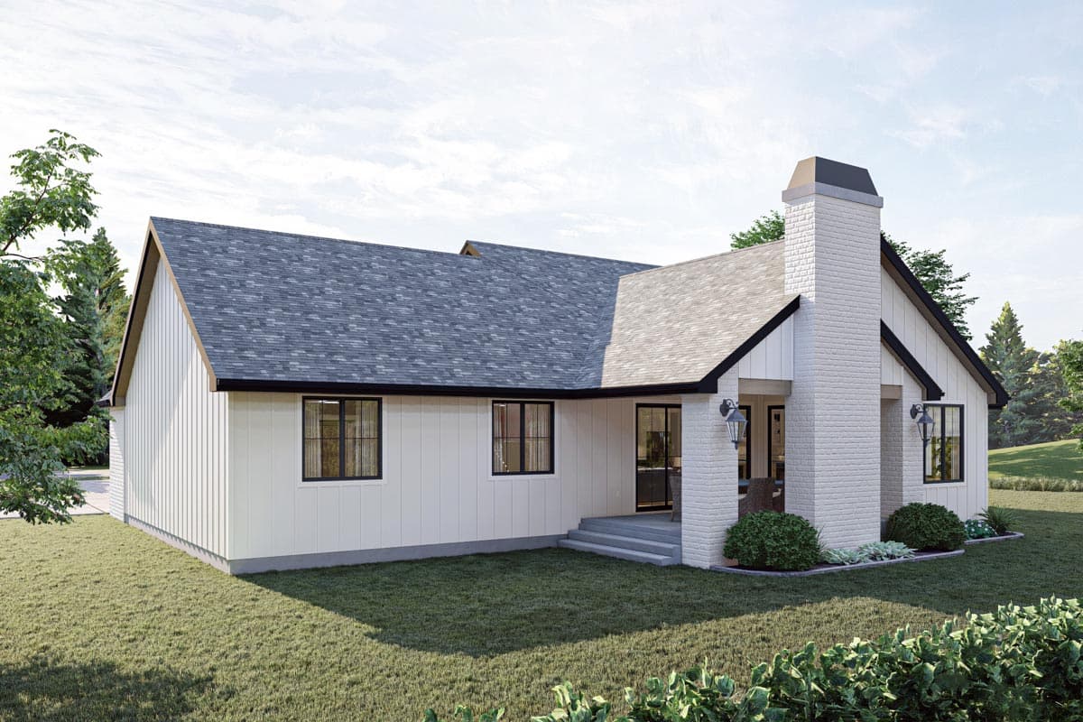 Modern Farmhouse house plan exterior, one story, with vertical siding, prominent brick chimney, and gabled rooflines.