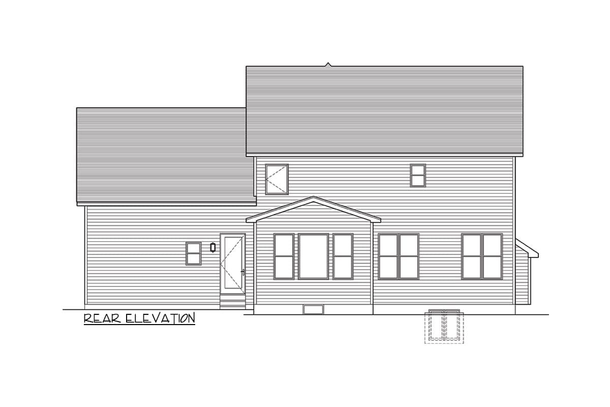 Rear elevation drawing of a two-story house plan featuring horizontal siding, a peaked roof, and multiple windows.