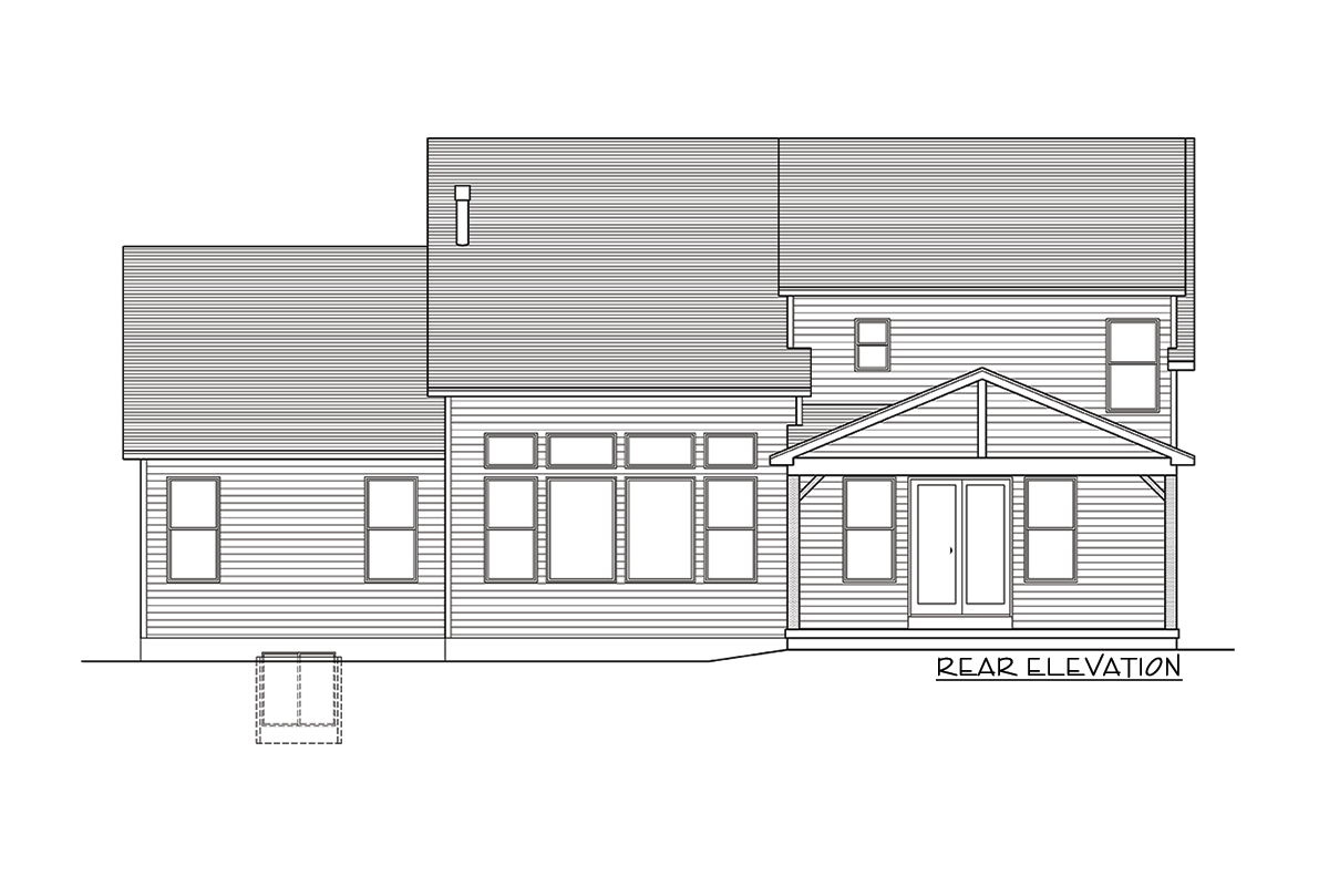 Rear elevation drawing of a two-story house with a covered porch, multiple windows, and a gabled roofline.