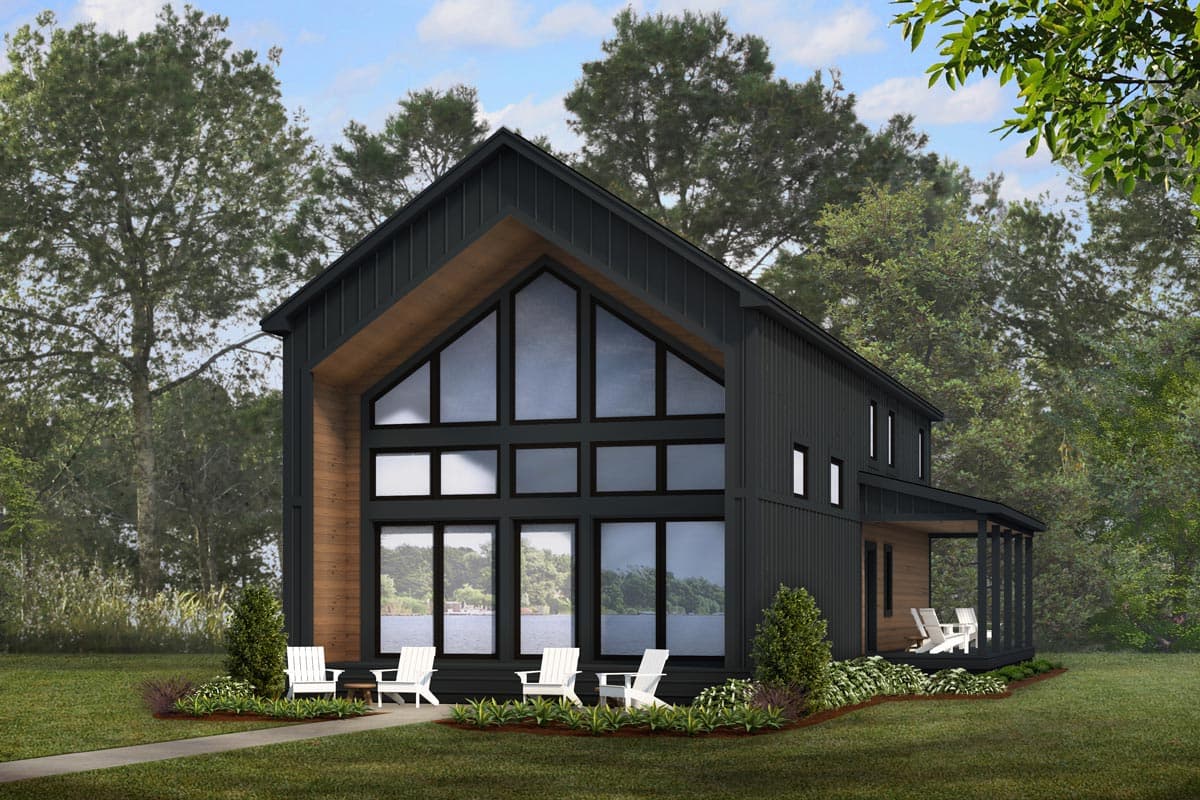 House plan exterior. Modern style, two-story home with a gable roof, large picture windows, and a covered porch.