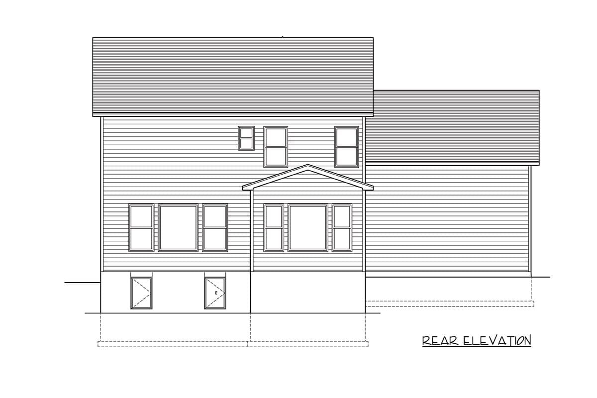 Rear elevation drawing of a two-story house plan showing siding, multiple windows, and a gable roofline.