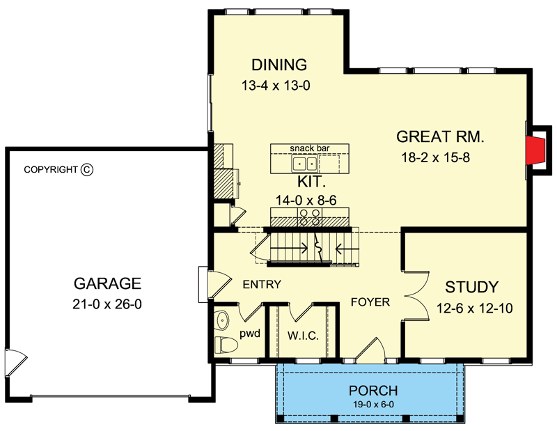 Plan 790115GLV: Exclusive Traditional House Plan with Study and Second-level Bedrooms - Floor Plan - Main Level - Traditional