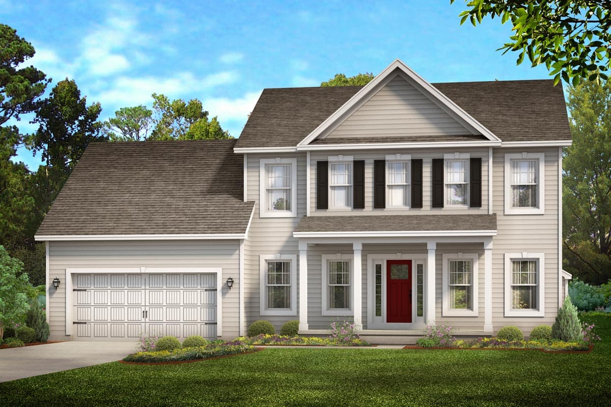 House plan exterior. Two-story Colonial with a front porch, gables, and a two-car garage. Features include a red front door and shuttered windows.