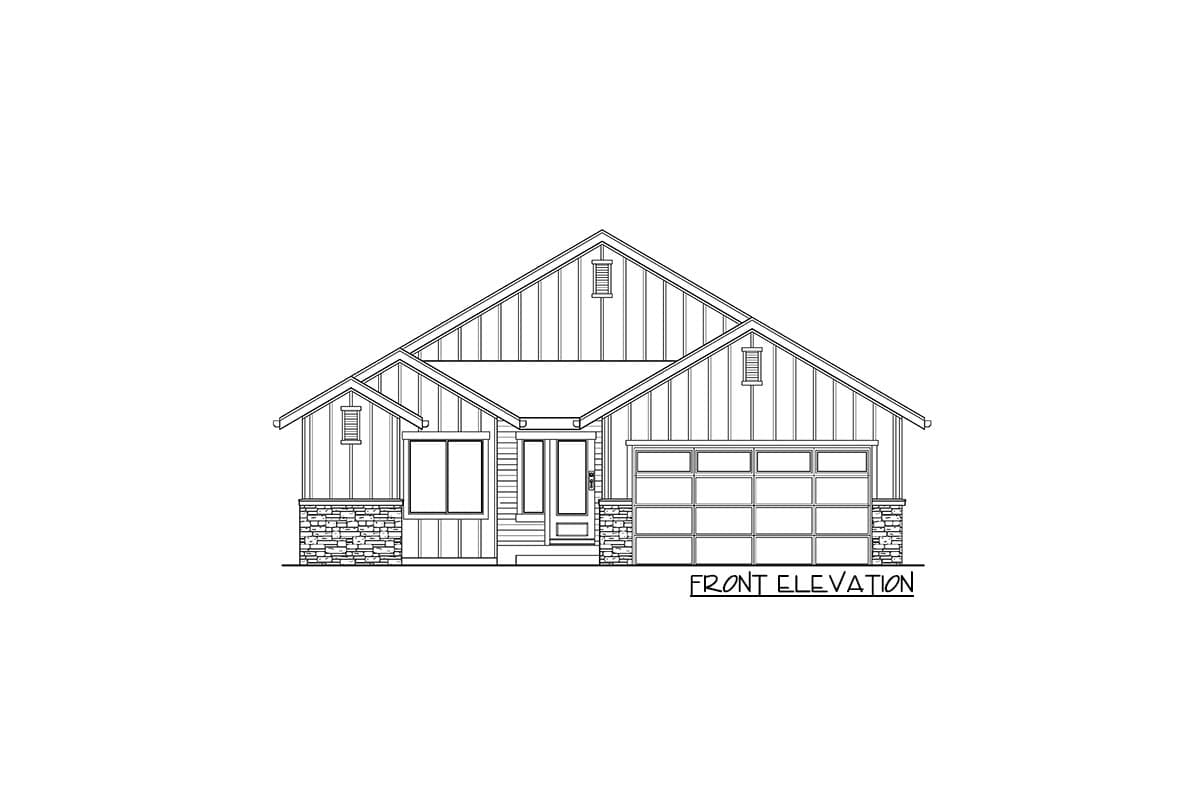 Front elevation of a one-story house plan with gables, stone accents, a covered entry, and a two-car garage.
