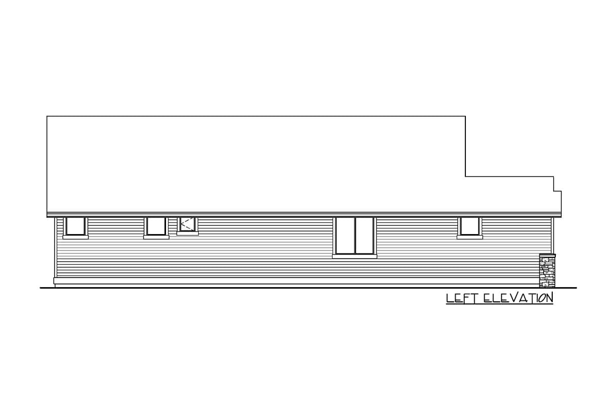 Left elevation drawing of a house plan showing horizontal siding, multiple windows, and a stone detail at the corner.