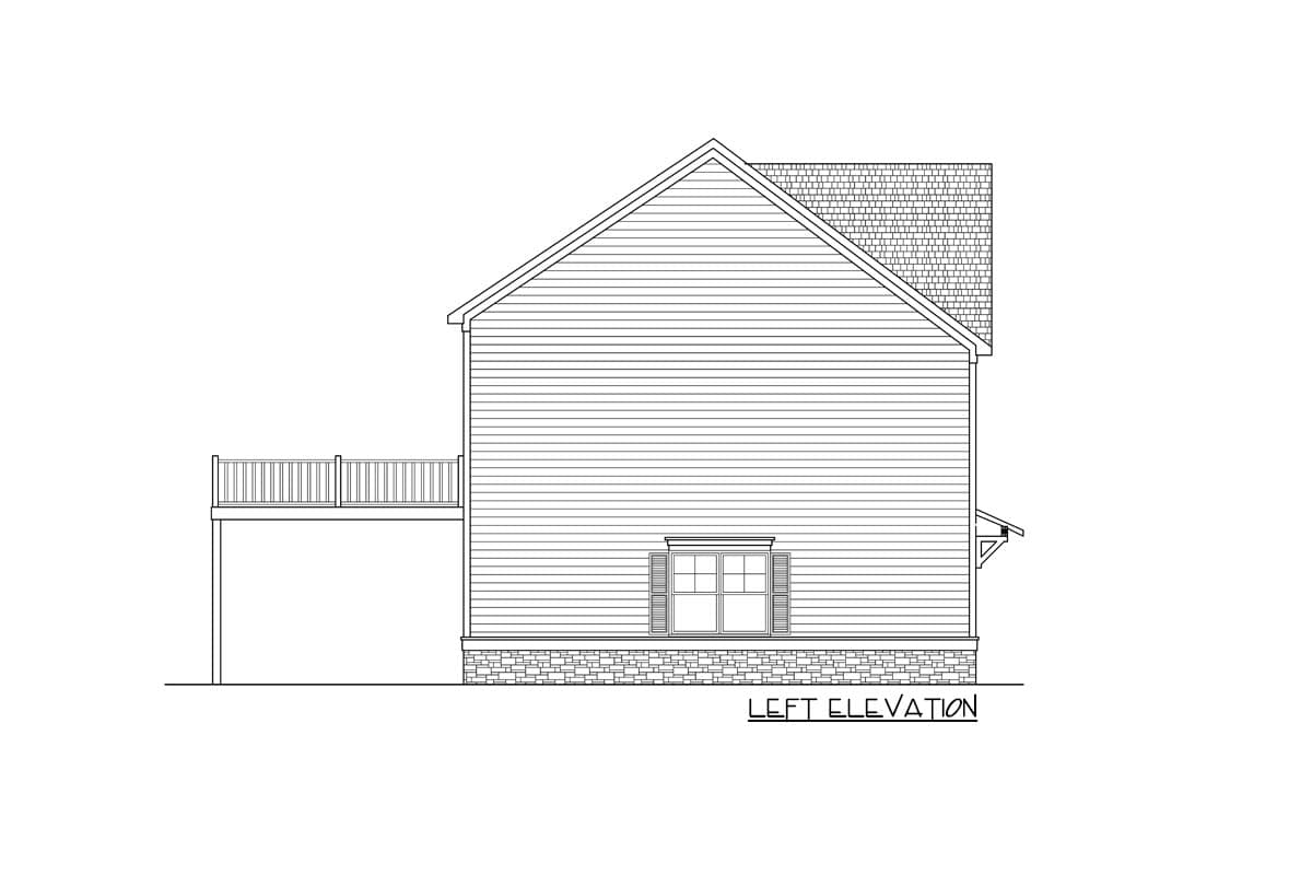 Left elevation house plan showing horizontal siding, a deck, a window, and a brick foundation.