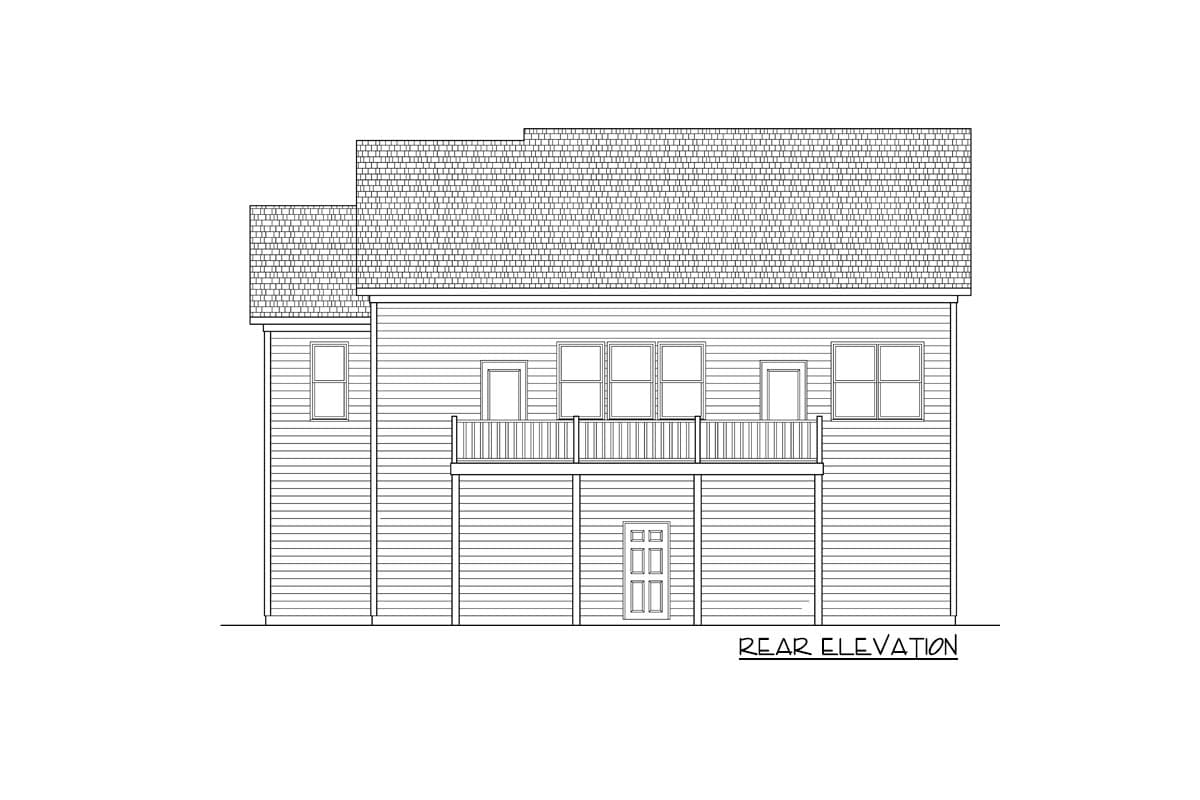 Rear elevation drawing shows house exterior with two-story siding, a deck, and multiple windows.