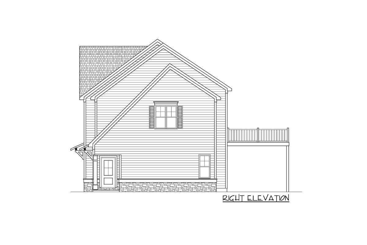 Right elevation of a two-story house plan with siding, gabled roof, dormer window, and deck.