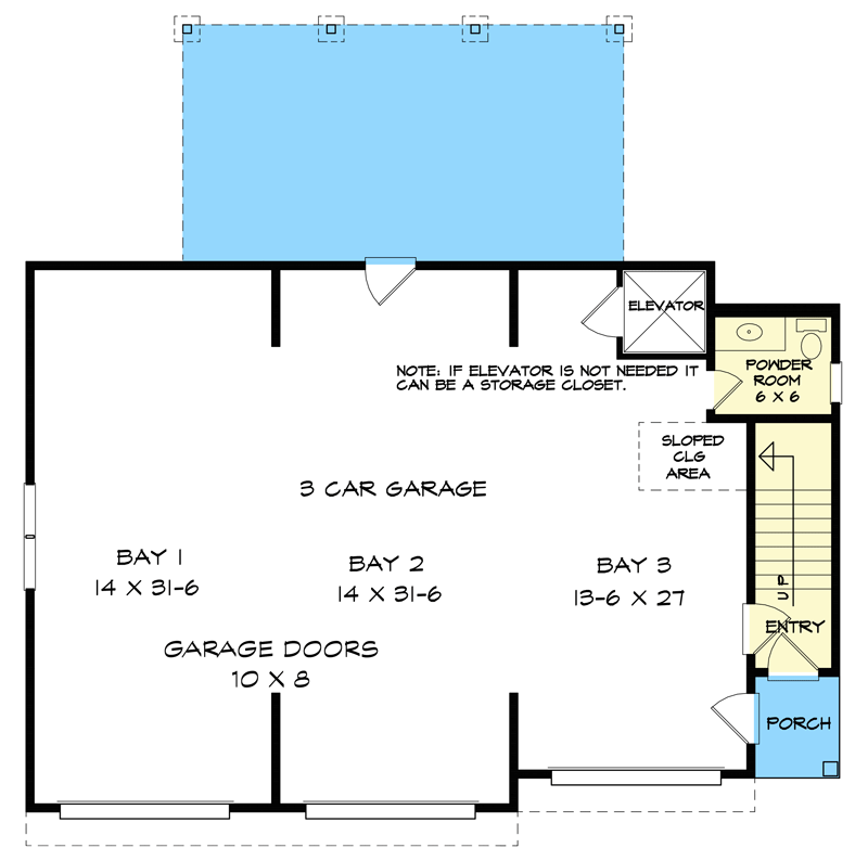 Plan 360091DK: 1474 Sq Ft 2 Bed Garage with 1384 Sq Ft Apartment Above with Optional Elevator - Floor Plan - Main Level - Carriage, Cottage, Country, Craftsman, New American, Traditional