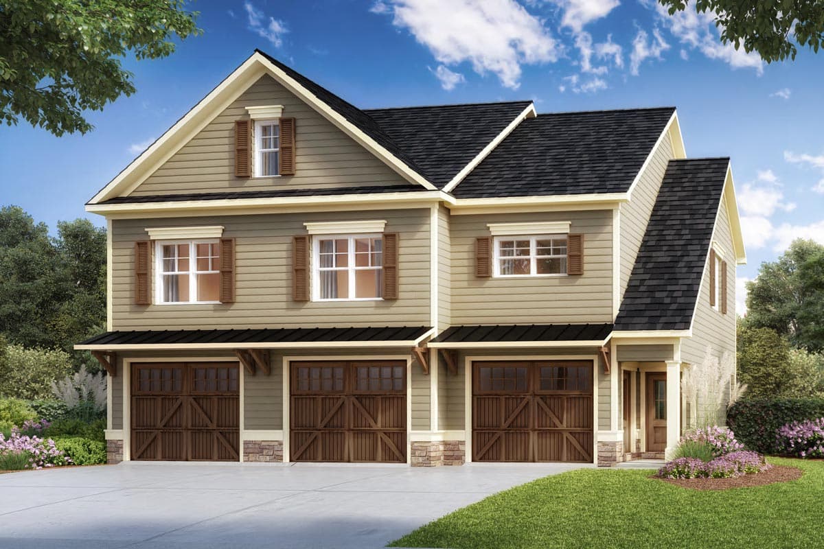 House plan exterior. Two-story home with Craftsman style. Features include multiple gables, wood garage doors, and decorative shutters.