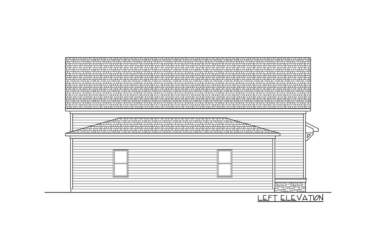 Left elevation of a house plan showing horizontal siding, two windows, a shingled hip roof, and a stone foundation detail.