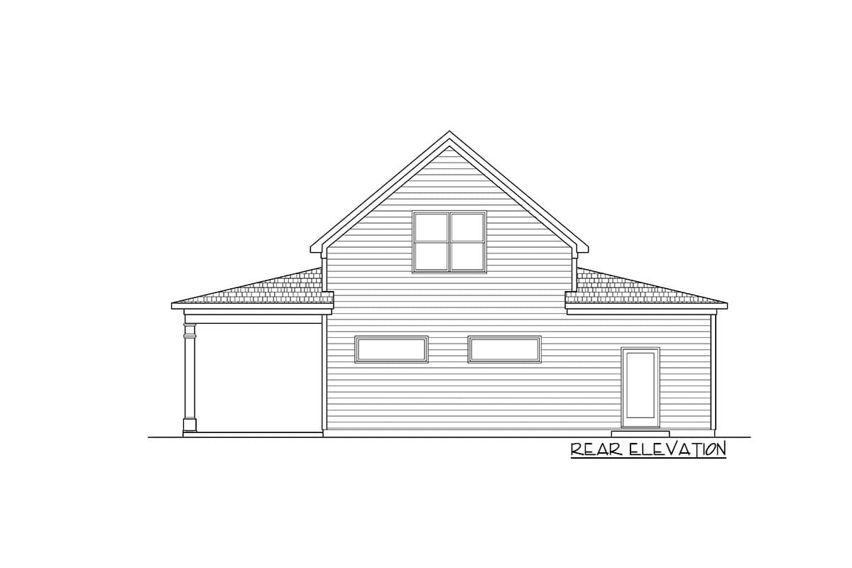 Rear elevation drawing of a two-story house with a covered porch, gables, and horizontal siding.