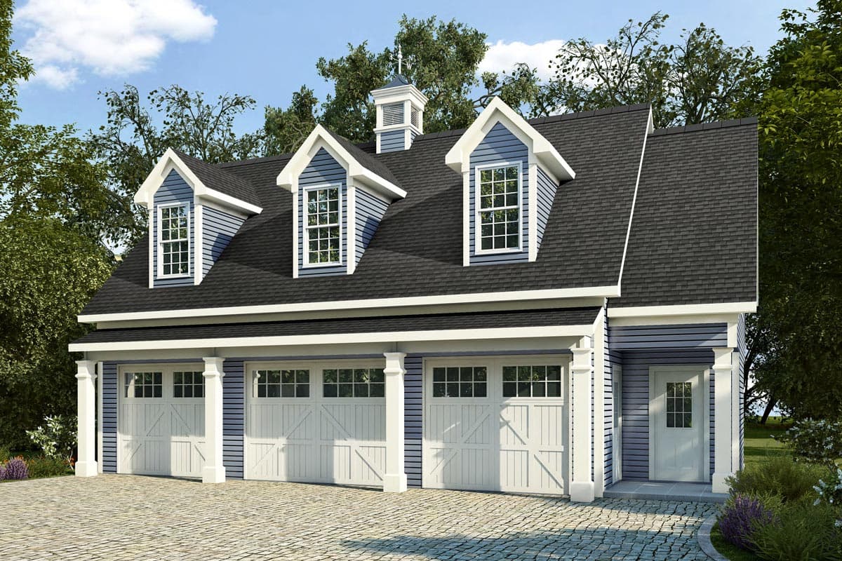 House plan exterior featuring a two-story design with three dormers, a gable roof, and three-bay garage. Includes a cupola feature.