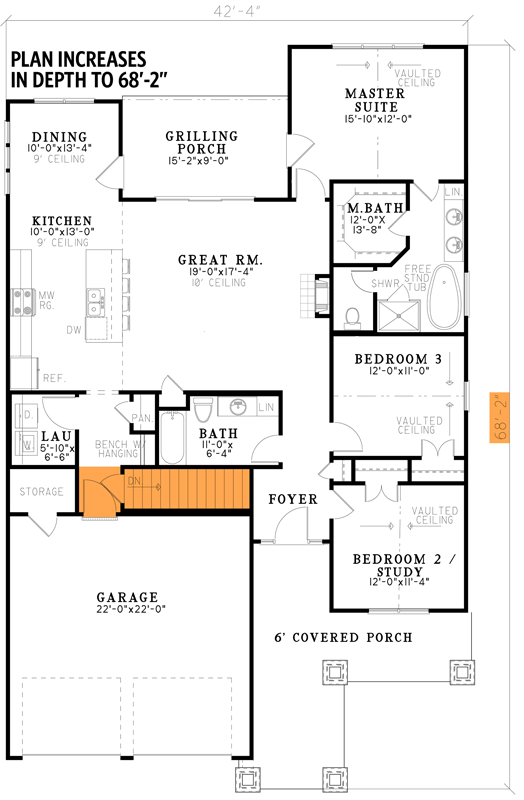 Plan 70733MK: 3 Bed House Plan with Board and Batten Exterior with Attractive Tapered Columns - 1591 Sq Ft - Floor Plan - Main Level - Basement Foundation Version