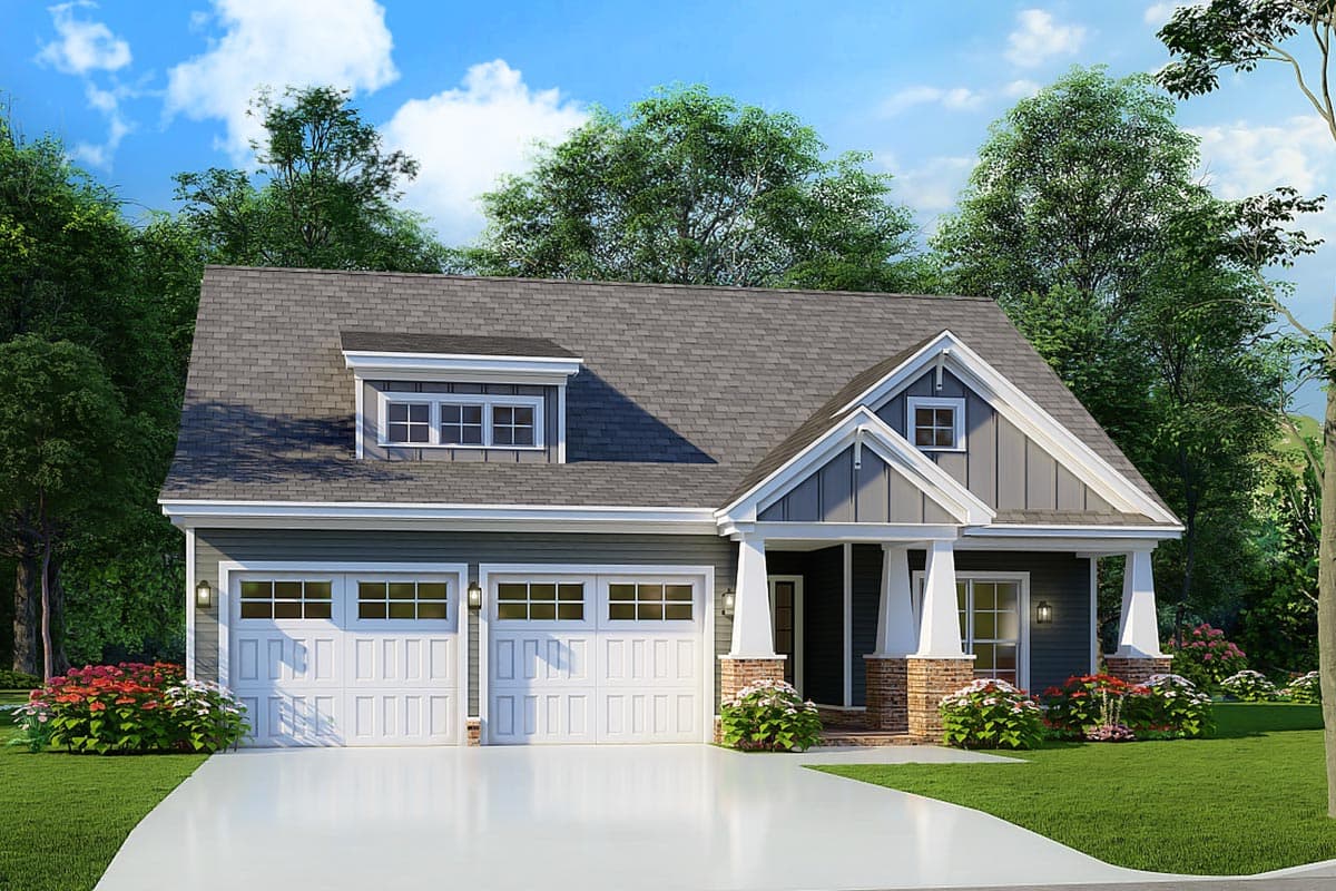 House plan exterior. Craftsman style, one story. Features include a gabled roof, dormer windows, and covered front porch with column supports.