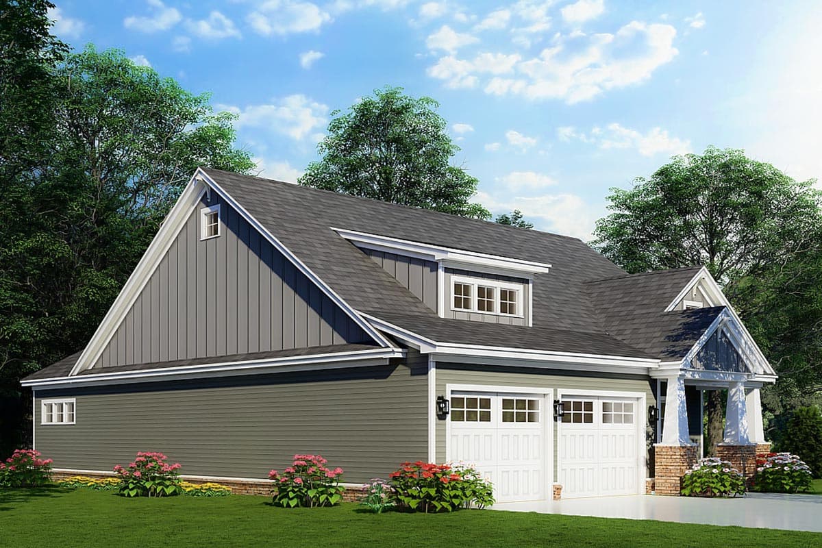 House plan exterior view: two-story modern farmhouse with a prominent gable over the entry, dormer window, and a three-car garage.