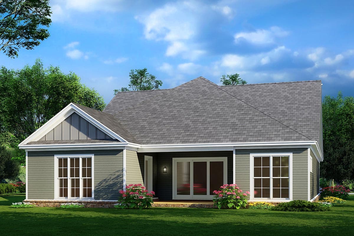 House plan exterior: Ranch style, one story, with gabled front, double sliding doors, and large windows.