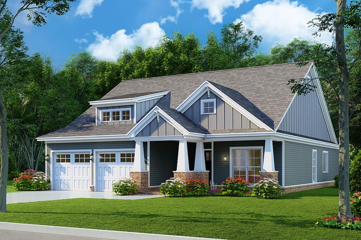House plan exterior of a two-story home with a prominent gabled roof, dormer, covered porch, and a three-car garage.