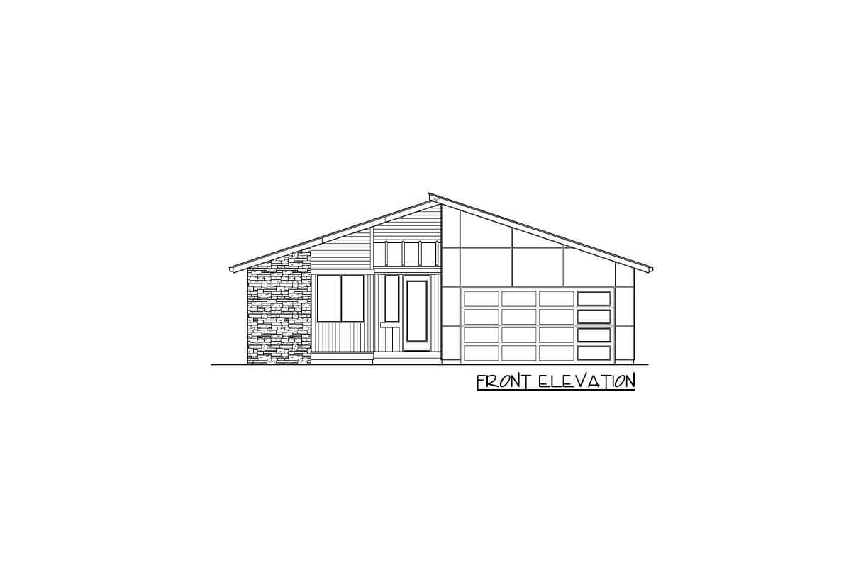 Front elevation drawing of a single-story house with a stone accent wall, multi-panel garage door, and sloped roof.
