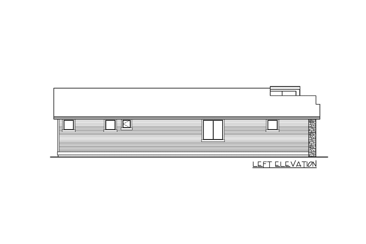 Left elevation drawing of a single-story house plan with horizontal siding, multiple windows, and a stone-clad accent.