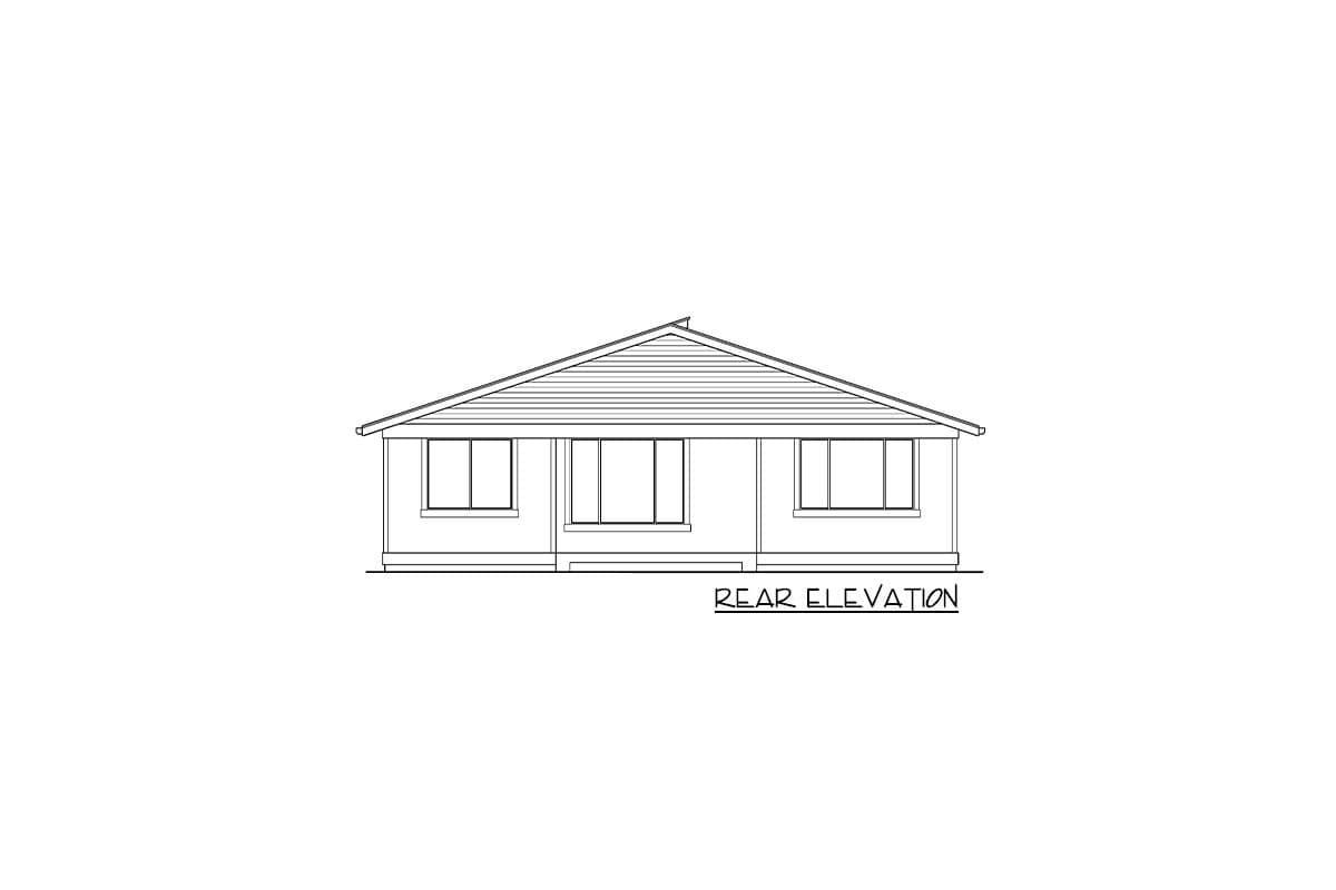 Rear elevation drawing of a single-story house plan with a gable roof and three windows.