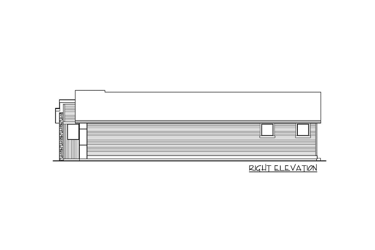 Right elevation drawing of a house plan showing horizontal siding, windows, and a pitched roof.