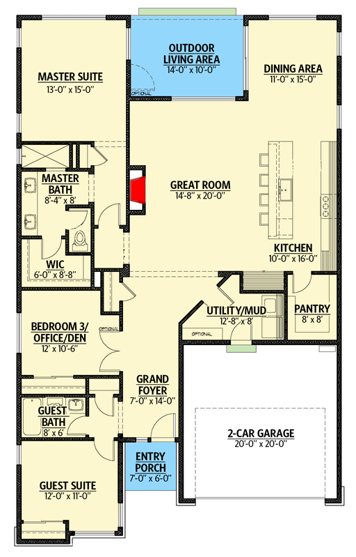 Plan 737027LVL: Narrow Lot Mid-Century Modern House Plan with Home Office Option - Floor Plan - Main Level - Contemporary, Mid Century Modern, Northwest, Ranch