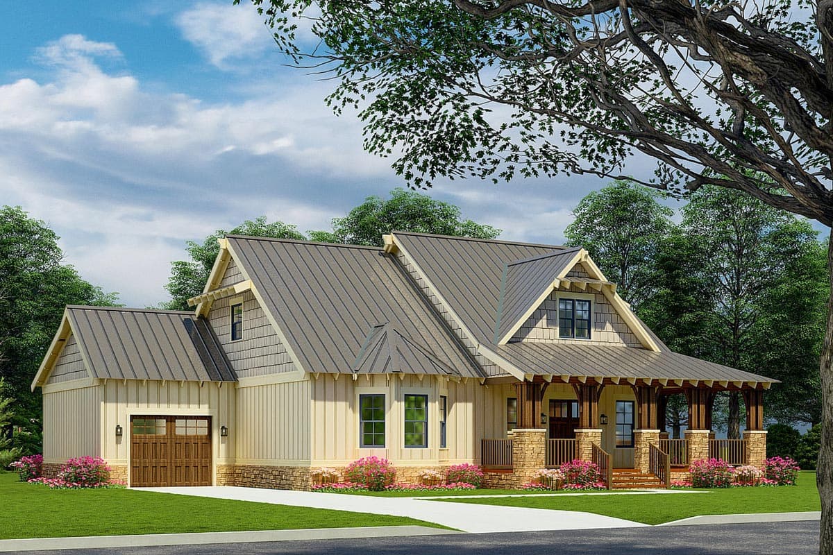 House plan exterior: Modern Farmhouse style, one story, metal gable roof, front porch with stone columns, and attached garage.