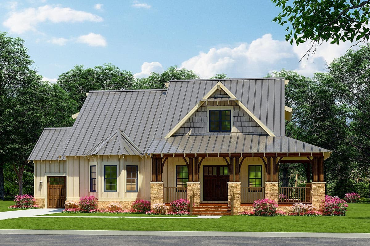 House plan exterior with Craftsman style. Features include a front porch, gables, and metal roof. Single-story with attached garage.