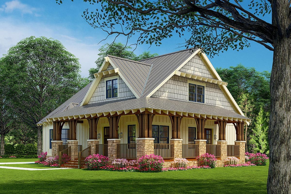 House plan exterior: Two-story Modern Farmhouse with a wraparound porch, stone accents, and prominent gables.