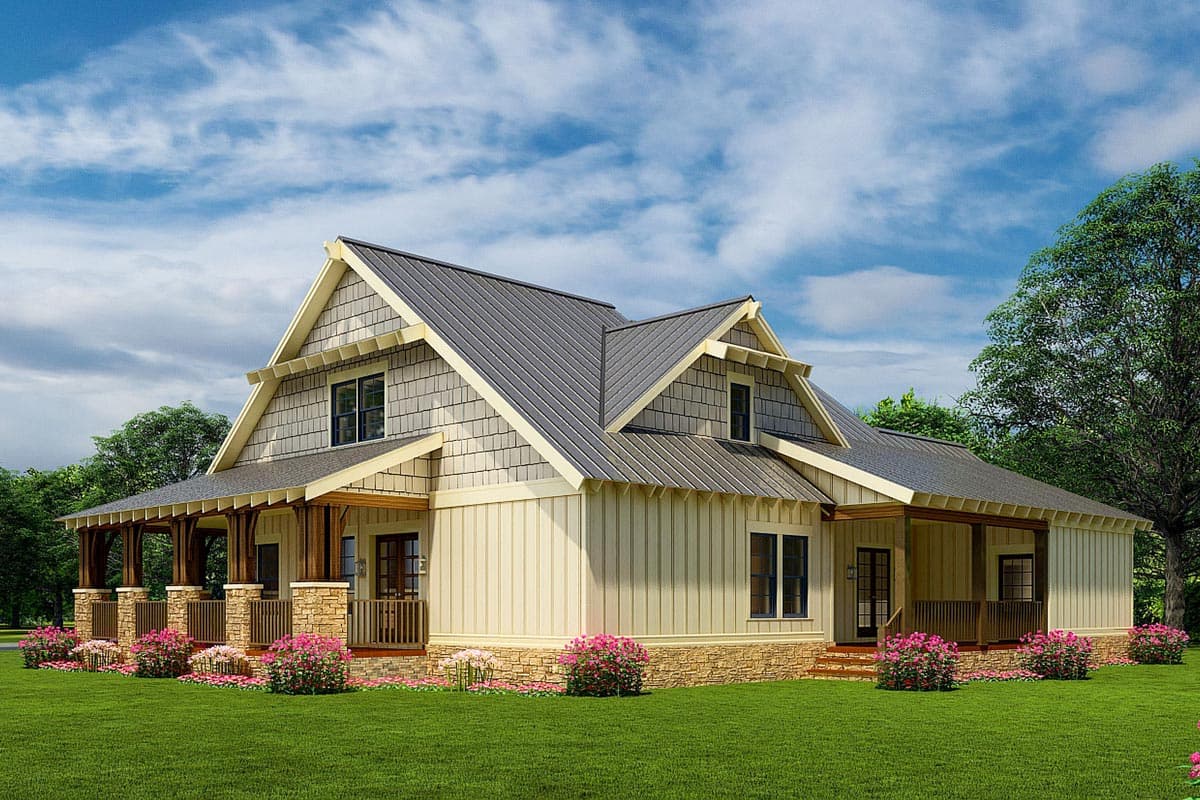 House plan exterior: Modern farmhouse style, two stories, metal roof, wide front porch with stone pillars, and board and batten siding.