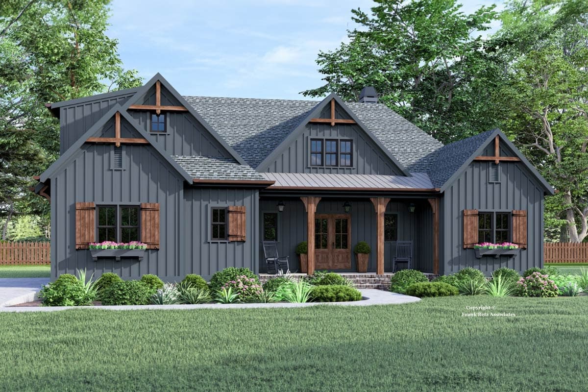 House plan exterior. Craftsman-style home with gabled roof, timber-framed porch, and decorative shutters. Features window boxes and vertical siding.