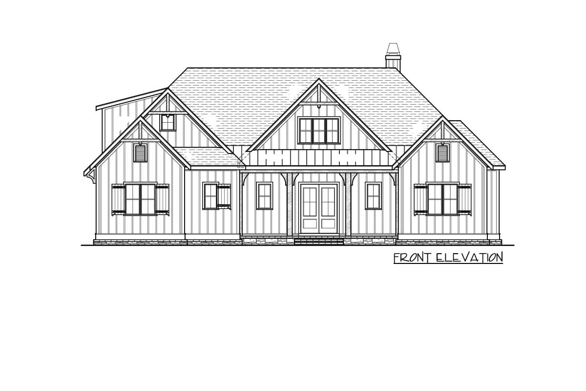 Front elevation drawing of a two-story house plan with a gabled roof, covered porch, and board-and-batten siding.