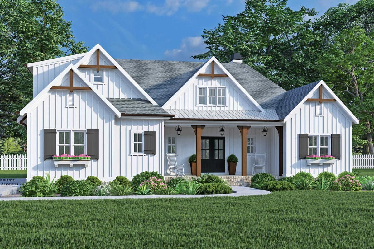 Modern Farmhouse house plan exterior with gables, exposed beams, a covered front porch, and vertical siding.