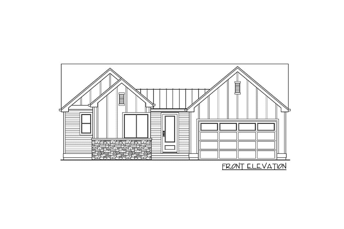 Front elevation drawing of a single-story house plan with gabled roof, stone wainscoting, and attached garage.