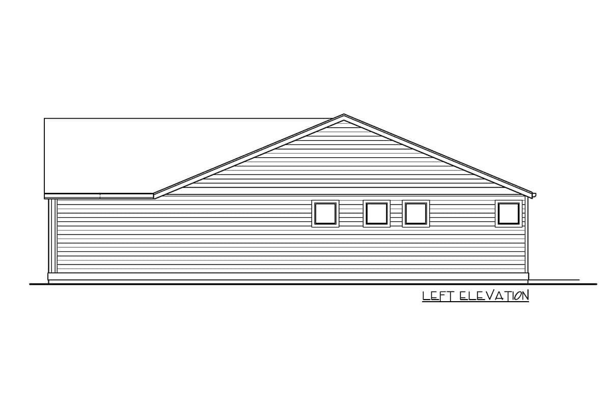 Left elevation drawing of a single-story house plan with horizontal siding, a sloped roof, and five square windows.