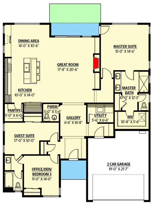 Plan 737028LVL: New American Ranch with Split-Bed Layout and Flex Room - 1954 Sq Ft - Floor Plan - Main Level - Mid Century Modern, New American, Ranch