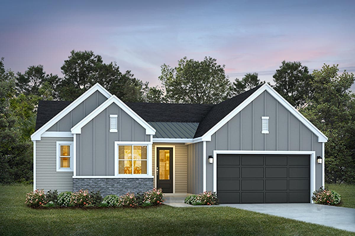 House plan exterior. Modern Farmhouse style, single story, with gables, a covered entry, and attached garage with a dark gray door.