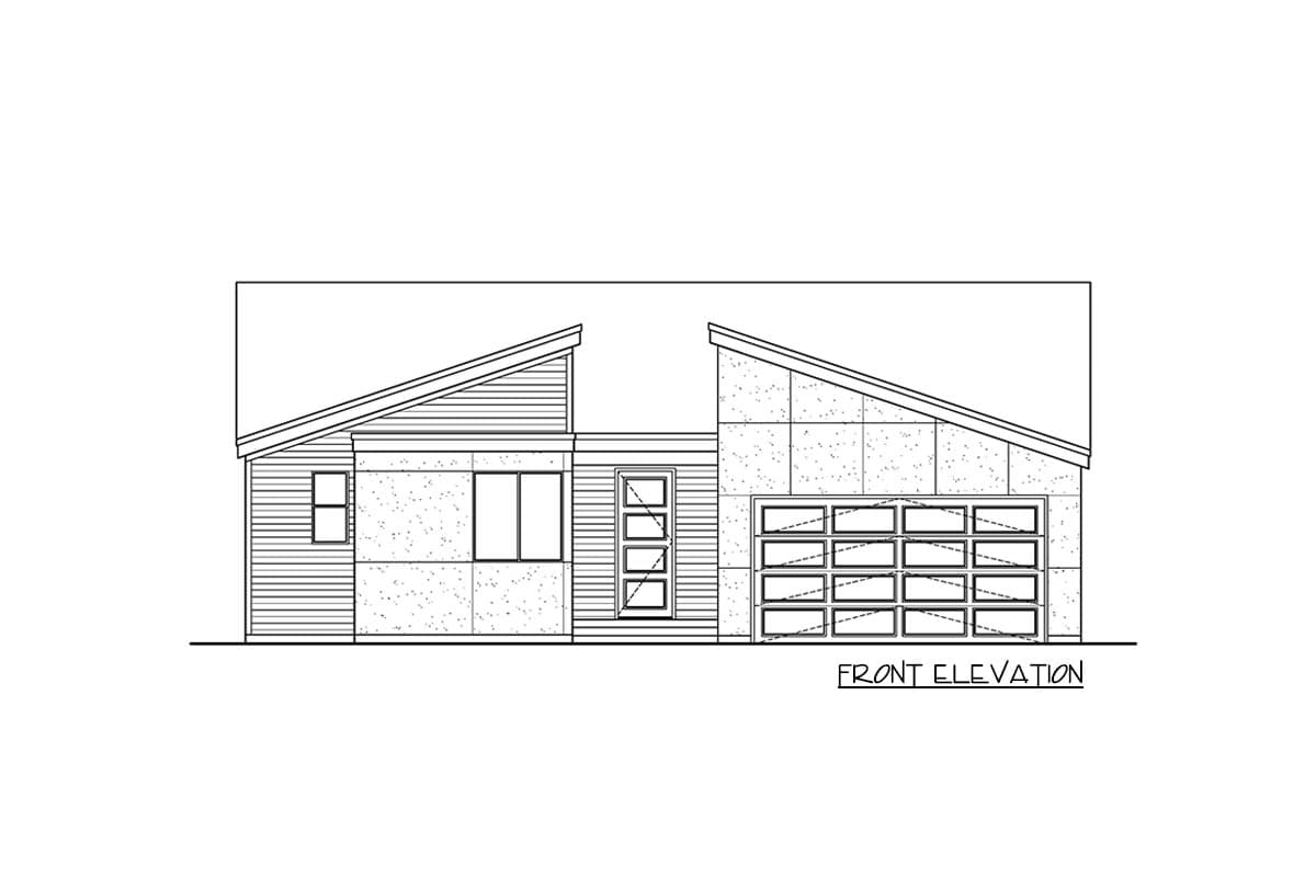 Front elevation drawing of a modern house plan with a detached garage, horizontal siding, and pitched rooflines.