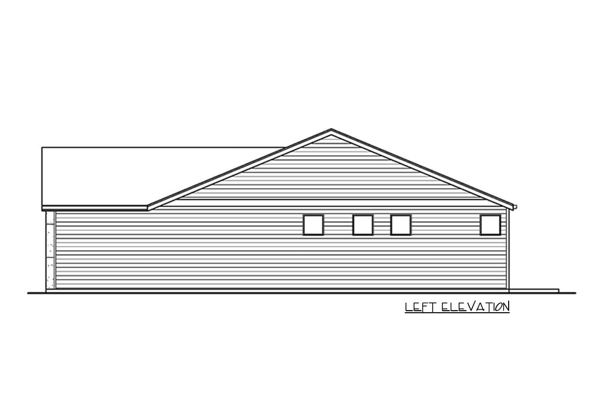 Left elevation of a house plan featuring horizontal siding, a sloped roof, and a row of square windows.