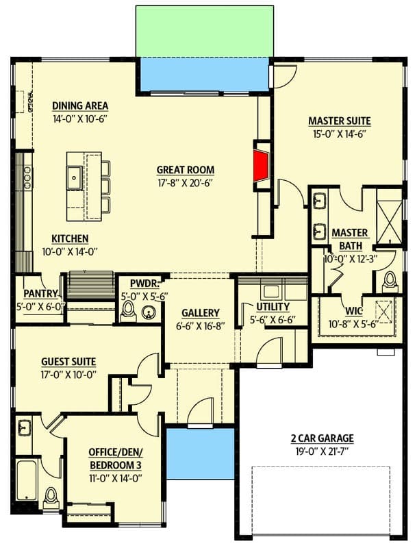 Plan 737029LVL: Contemporary Ranch Plan with Split-Bed Layout with a Flex Room - 1954 Sq Ft - Floor Plan - Main Level - Contemporary, Mid Century Modern, Northwest, Ranch