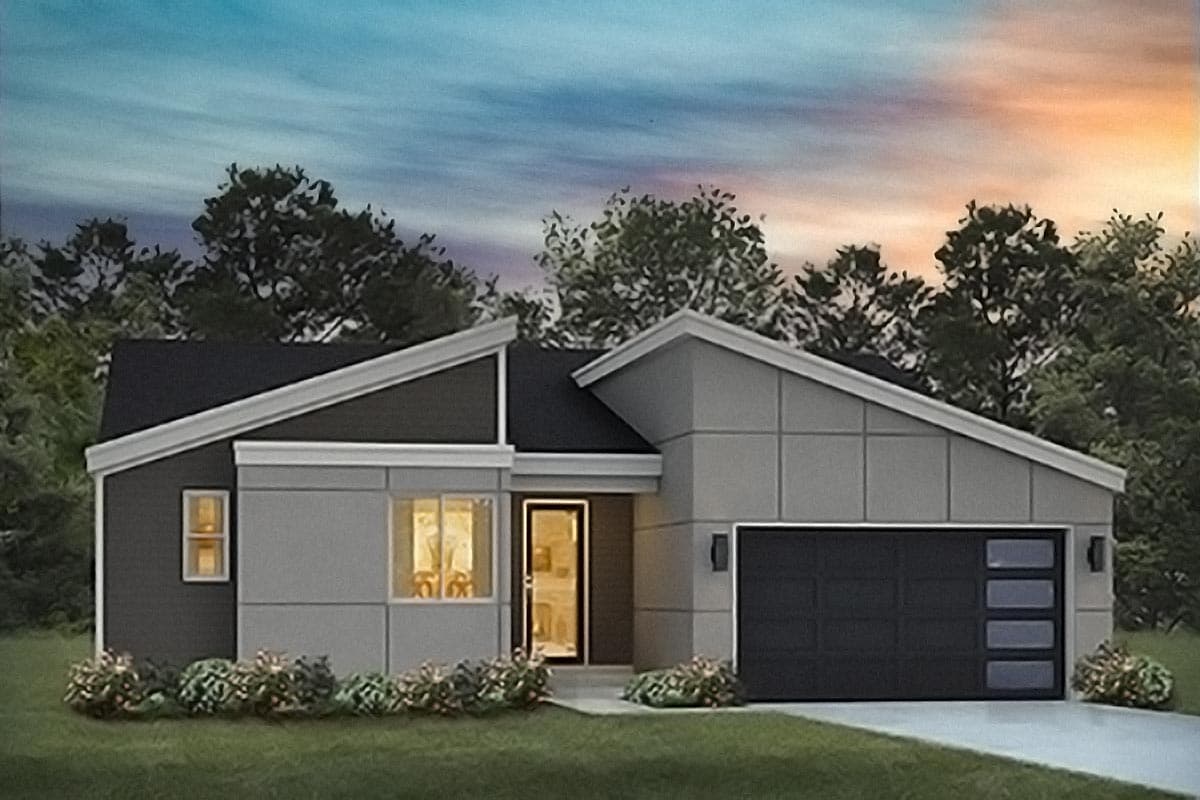 House plan exterior. Modern style, single story. Features include angled rooflines, paneled facade, and a two-car garage.