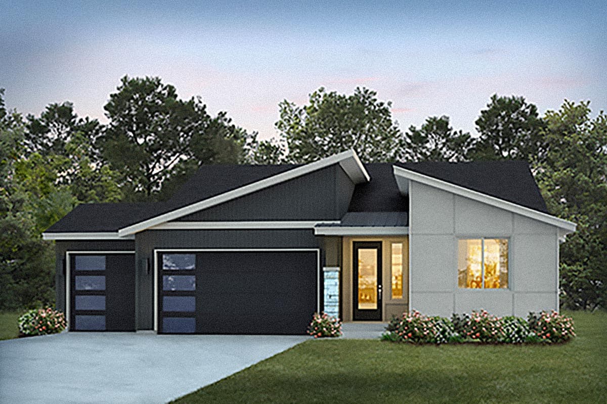 House plan exterior with modern design. Single-story home features a low-sloped roof, attached garage, and contrasting facade materials.