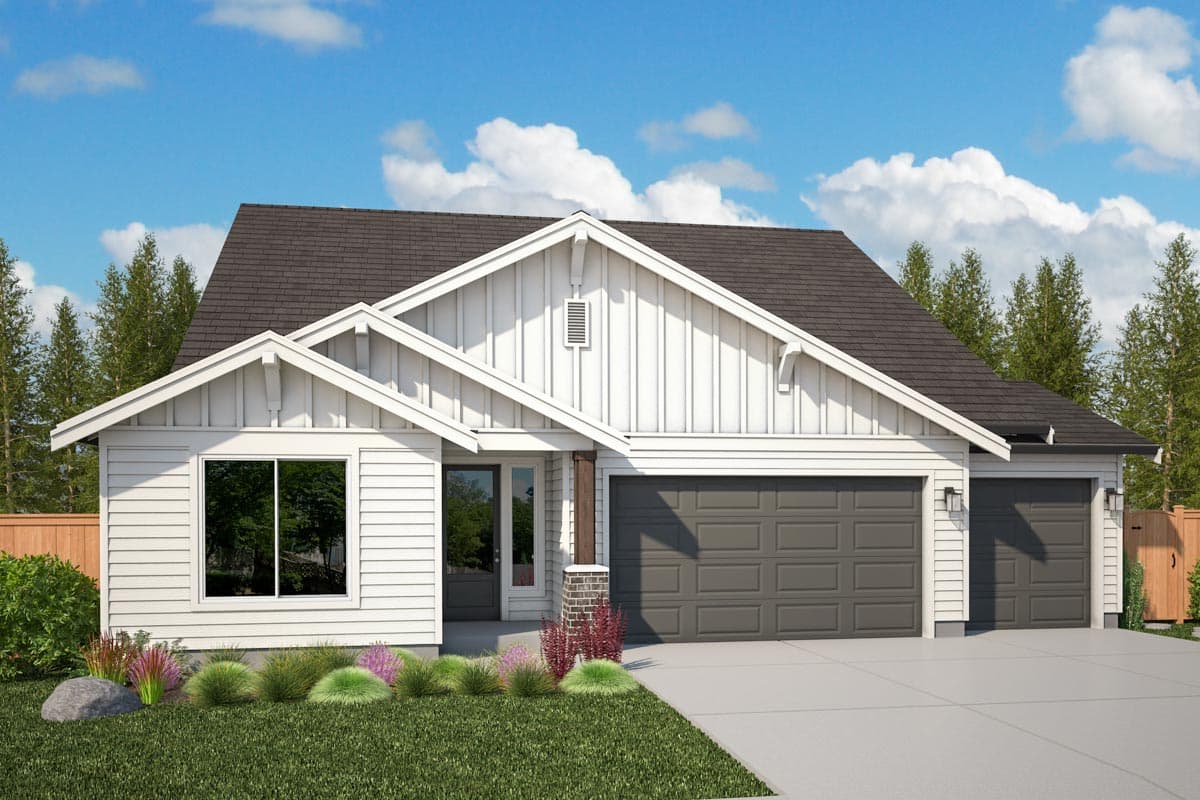 House plan exterior. Modern farmhouse style with gabled roof, two-car garage, and front porch with exposed support columns.