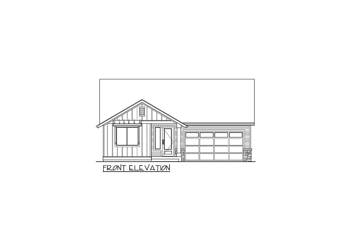 Front elevation drawing of a one-story house plan with a gable roof, front door, two windows, and a two-car garage.