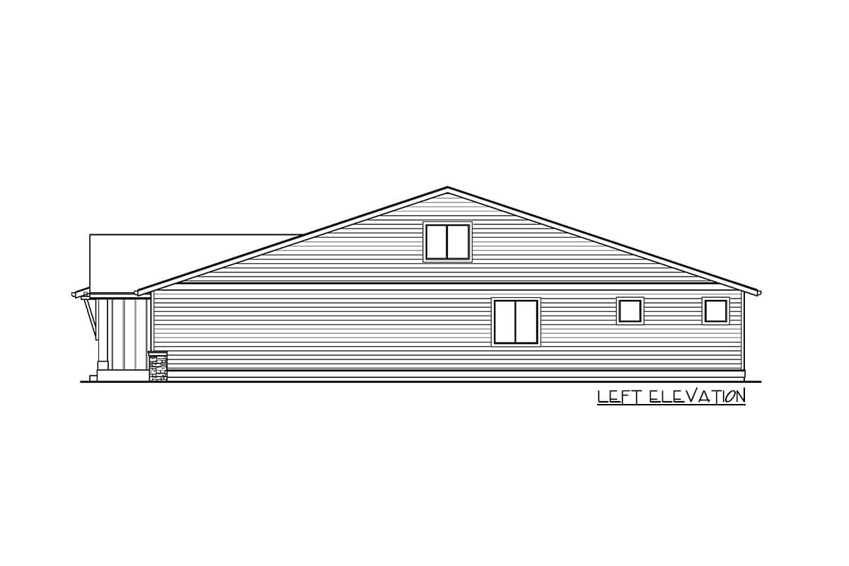 Left elevation drawing of a house plan featuring a sloped roof, horizontal siding, and multiple windows.