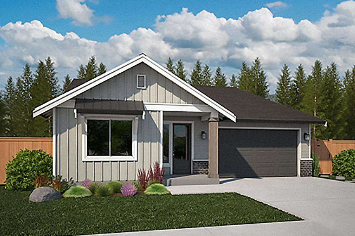 House plan exterior. Modern Farmhouse style, one-story. Features include a gable roof, covered porch, and attached garage with a dark gray door.